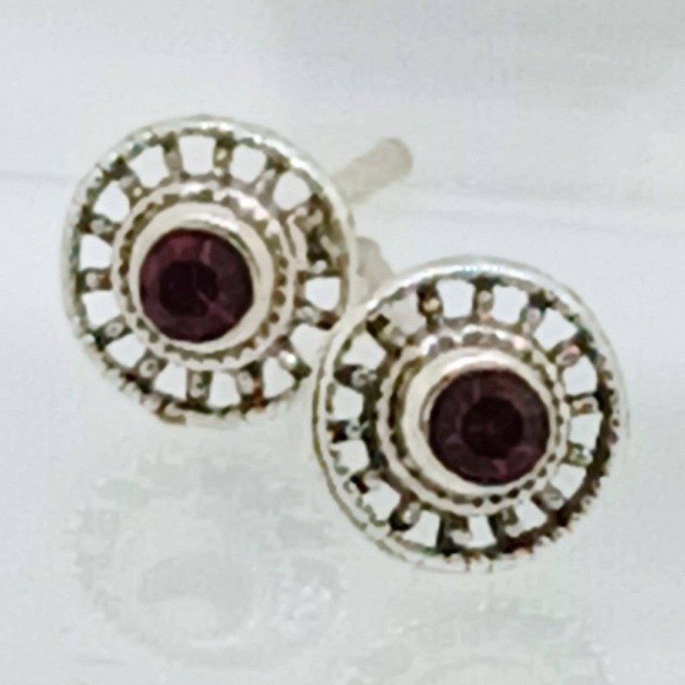 Vintage 925 Sterling Silver Crystal Sunburst Round Stud Earrings‎ Boho Sun Wheel